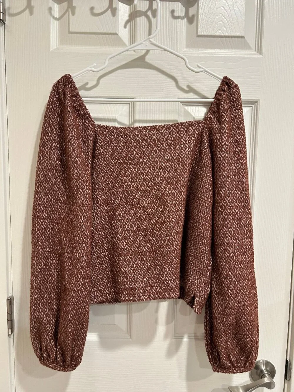 Madewell Brown Jacquard Puff-Sleeve Crop Top Size Medium - NWOT
